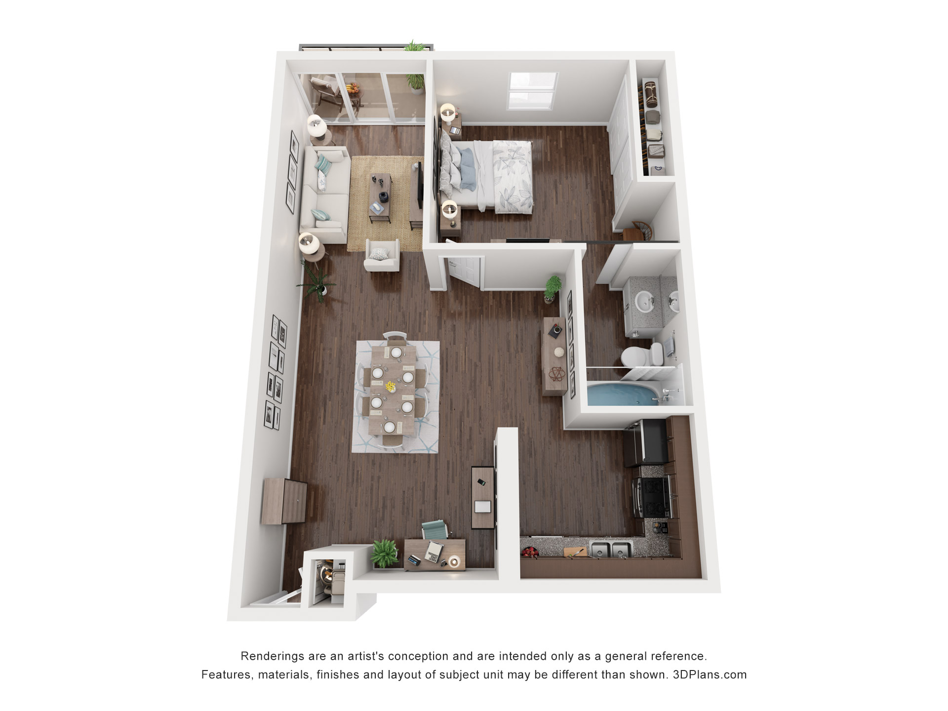 Floor plan for 1 bed, 1 bath, 635 sqft